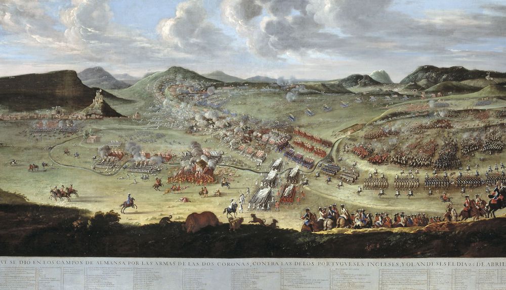 Batalla que es va lliurar en els camps d'Almansa per les armes de les dos corones, contra les dels portuguesos, anglesos i holandesos (sic) el 25 d'abril de 1707, oli de Buonaventura Ligli i Filippo Pallotta (enginyer), 1709, Museu del Prado. Batalla que es va lliurar en els camps d'Almansa per les armes de les dos corones, contra les dels portuguesos, anglesos i holandesos (sic) el 25 d'abril de 1707, oli de Buonaventura Ligli i Filippo Pallotta (enginyer), 1709, Museu del Prado.