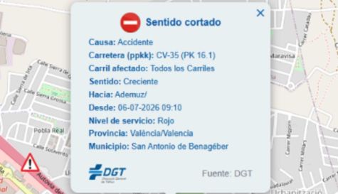 Aviso de la DGT sobre el accidente./ EPDA