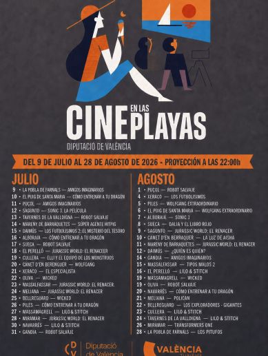 El programa Cine en las Playas recorrerá 23 playas de la provincia de valencia con 46 proyecciones gratuitas durante los meses de julio y agosto. El programa Cine en las Playas recorrerá 23 playas de la provincia de valencia con 46 proyecciones gratuitas durante los meses de julio y agosto.