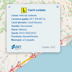 Captura de la Dirección General de Tráfico (DGT) que muestra la incidencia registrada en la AP-7, a la altura de El Campello, tras el incendio de un vehículo.