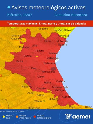 Mapa de avisos meteorológicos de AEMET para este miércoles 15 de julio, con aviso rojo por temperaturas superiores a los 42 grados en el litoral norte y sur de la provincia de Valencia.