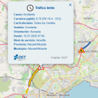 La DGT informa de retenciones en la A-70 a la altura de Alicante tras un accidente que afecta a todos los carriles en sentido Elche. La DGT informa de retenciones en la A-70 a la altura de Alicante tras un accidente que afecta a todos los carriles en sentido Elche.