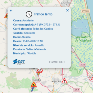 Mapa de incidencias de la DGT con el estado del tráfico en la A-7 a la altura de l'Alcúdia. / DGT