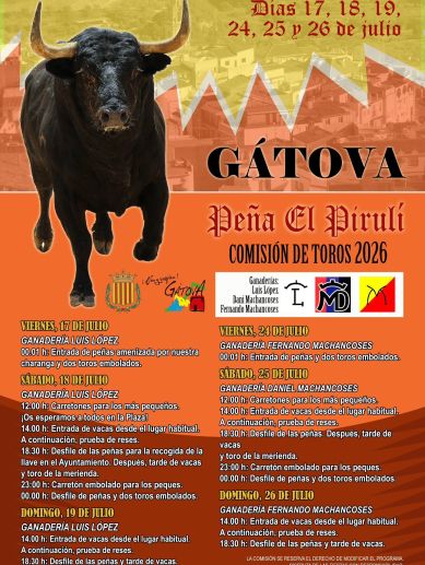 La Peña El Pirulí y el Ayuntamiento de Gátova ultiman los preparativos para los festejos taurinos que se celebrarán durante dos fines de semana de julio. La Peña El Pirulí y el Ayuntamiento de Gátova ultiman los preparativos para los festejos taurinos que se celebrarán durante dos fines de semana de julio.