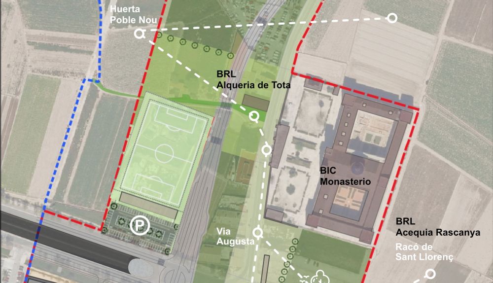 Propuesta de ordenación de Orriols en Lucha, con el aparcamiento reubicado junto al futuro campo de fútbol y un parque que conecta el Monasterio con la huerta. / Orriols en Lucha Propuesta de ordenación de Orriols en Lucha, con el aparcamiento reubicado junto al futuro campo de fútbol y un parque que conecta el Monasterio con la huerta. / Orriols en Lucha