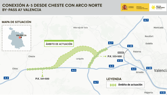 El proyecto de conexión de la A-3 a la altura de Cheste con el 'bypass' para descongestionar Valencia. El proyecto de conexión de la A-3 a la altura de Cheste con el 'bypass' para descongestionar Valencia.