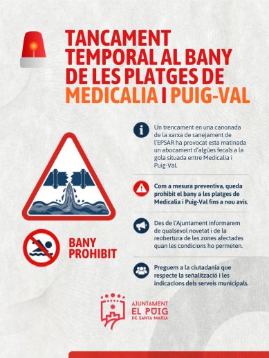 El bany ha quedat prohibit de manera preventiva a Medicalia i Puig-Val després d'un abocament d'aigües fecals. El bany ha quedat prohibit de manera preventiva a Medicalia i Puig-Val després d'un abocament d'aigües fecals.