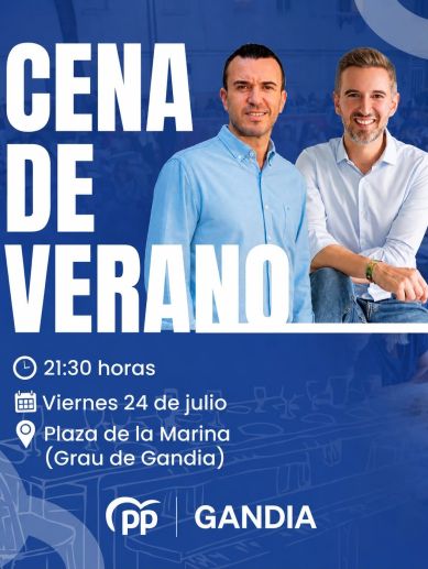 El Partido Popular de Gandia celebrará su Cena de Verano el viernes 24 de julio en la Plaza de la Marina. El Partido Popular de Gandia celebrará su Cena de Verano el viernes 24 de julio en la Plaza de la Marina.