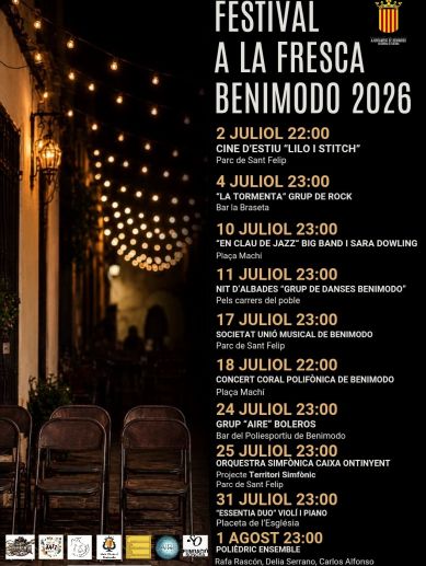 El Festival a la Fresca de Benimodo acaba el dissabte 1 d'agost. El Festival a la Fresca de Benimodo acaba el dissabte 1 d'agost.