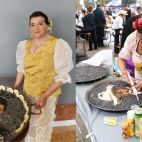 Teresa Roig Petit elabora sus paellas artísticas pintando los retratos con salsas sobre una base de arroz.