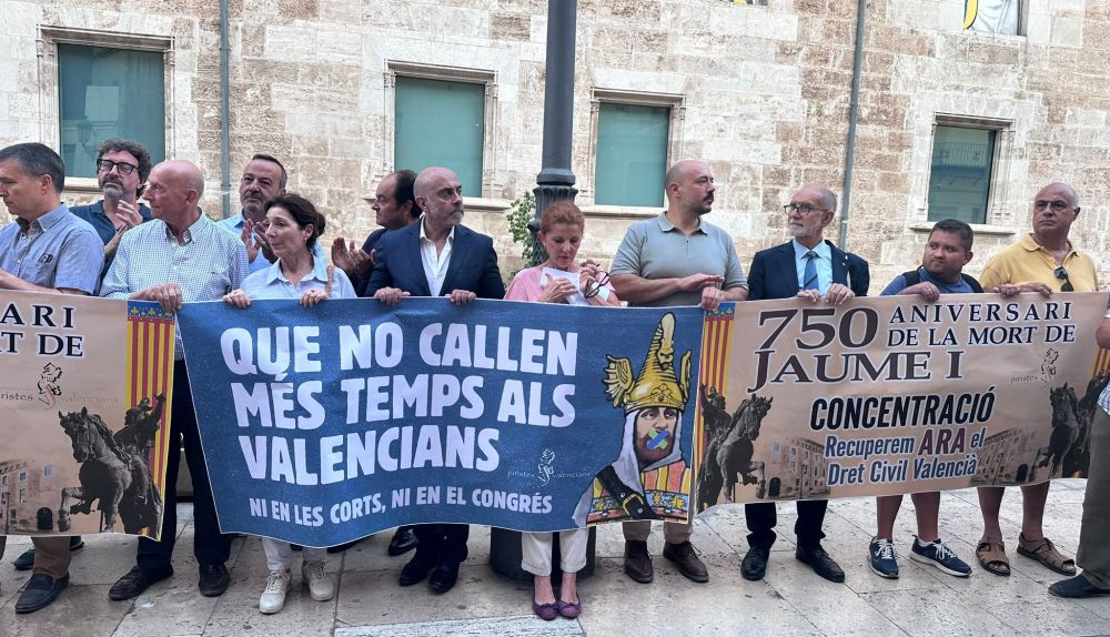 Representantes de entidades cívicas, sindicales y políticas, durante la concentración frente a Les Corts Valencianes. / EPDA