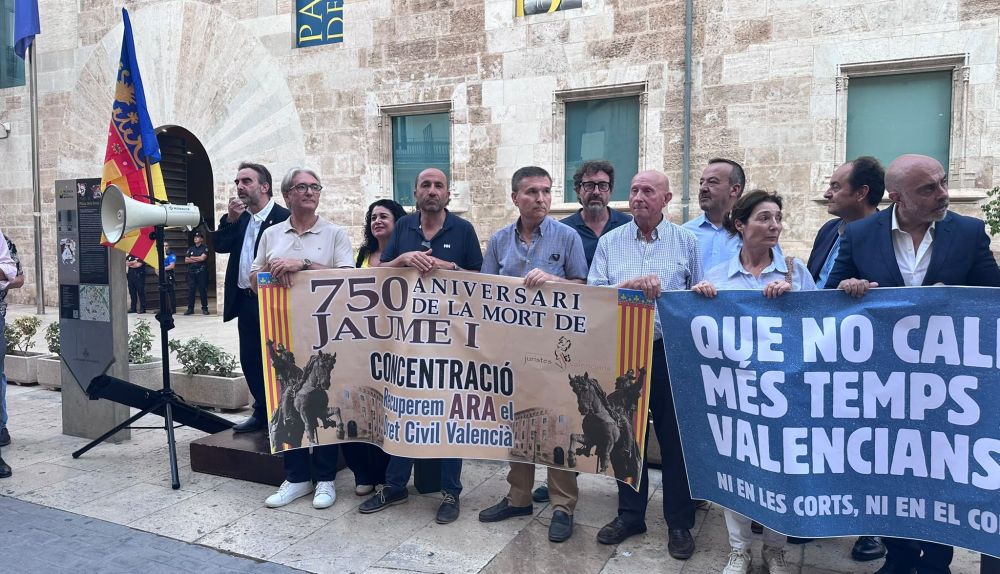 Representantes de entidades cívicas, sindicales y políticas, durante la concentración frente a Les Corts Valencianes. / EPDA
