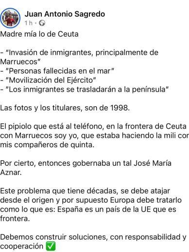 Publicación de Juan Antonio Sagredo en redes sociales comparando la crisis migratoria actual con noticias de 1998.
