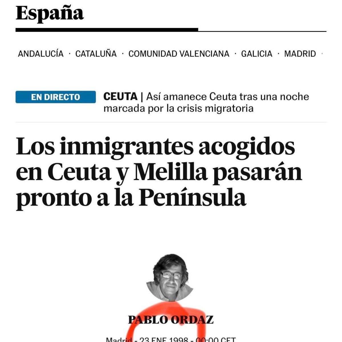 Uno de los artículos que Sagredo ha compartido en redes sobre el traslado de inmigrantes de Ceuta y Melilla a la Península.