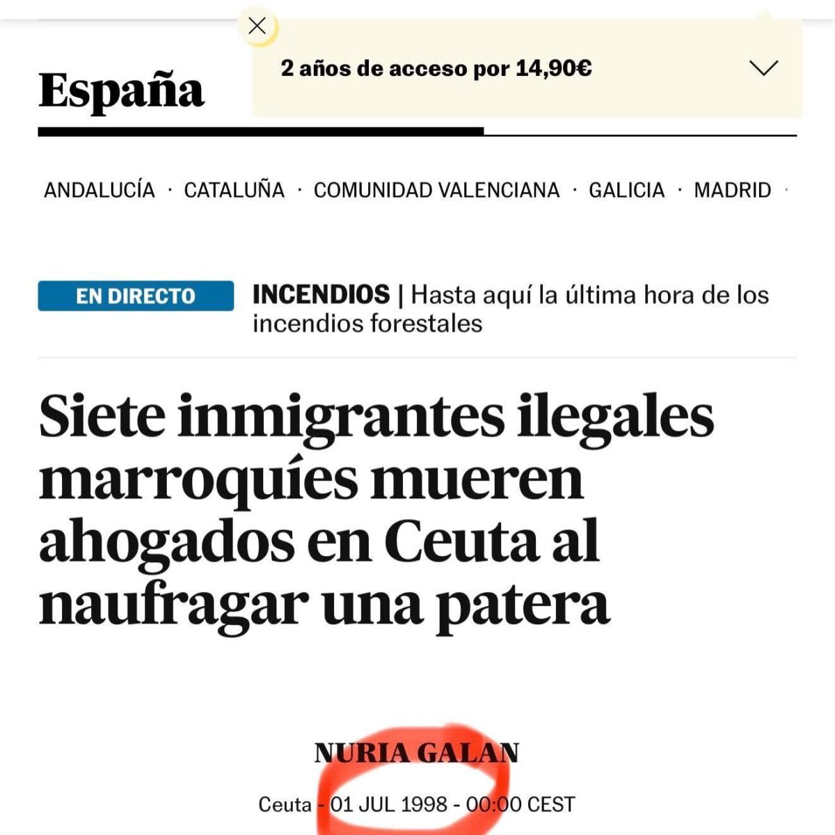 Pie de foto Imagen 1: Uno de los artículos que Sagredo ha compartido en redes, publicado por El País el 23 de enero de 1998 sobre el traslado de inmigrantes de Ceuta y Melilla a la Península.