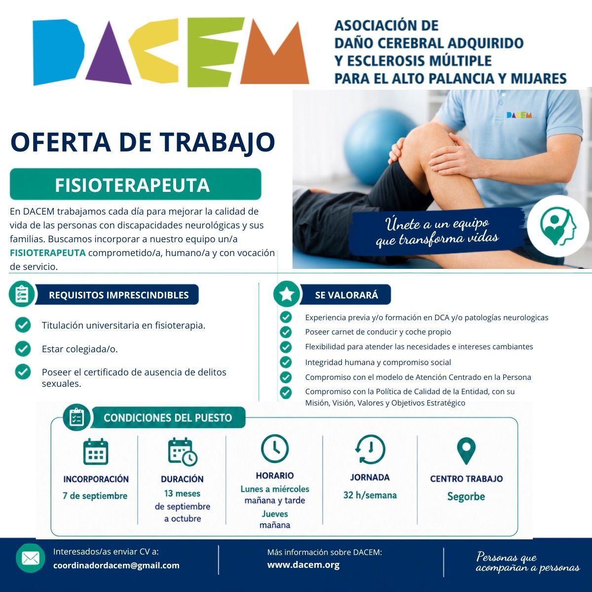DACEM ha abierto un proceso de selección para incorporar un fisioterapeuta a su equipo de trabajo en Segorbe.