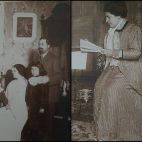 Lola Vitoria con sus dos hijas fallecidas (izq.) y estudiando una composición (dcha.).