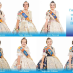 Las siete candidatas a Reinas Falleras de Burriana 2027, ataviadas con el traje tradicional fallero.