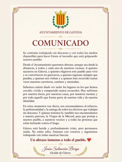 Comunicado difundido por el Ayuntamiento de Gátova con el mensaje del alcalde, Jesús Salmerón Berga, a los vecinos afectados por el incendio. / Ayuntamiento de Gátova Comunicado difundido por el Ayuntamiento de Gátova con el mensaje del alcalde, Jesús Salmerón Berga, a los vecinos afectados por el incendio. / Ayuntamiento de Gátova