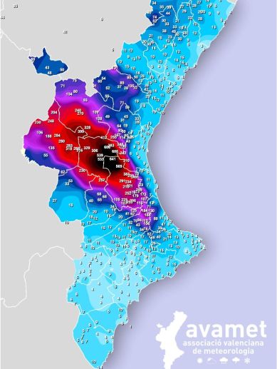 Mapa de precipitaciones acumuladas durante la dana del 29 de octubre de 2024 elaborado por AVAMET.
