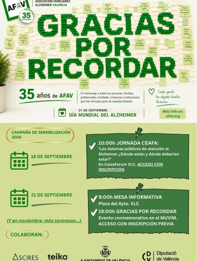 Cartel de la campaña 'Gracias por recordar' con la que AFAV celebra su 35 aniversario coincidiendo con el Día Mundial del Alzheimer. / AFAV