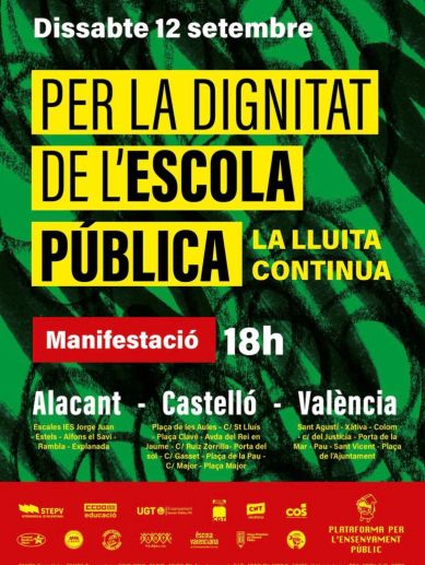 Cartel de la manifestación convocada el 12 de septiembre en Alacant, Castelló y València bajo el lema 'Per la dignitat de l'escola pública'.