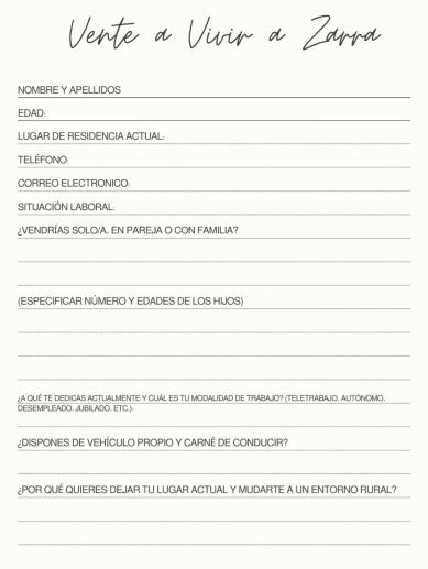 Formulario de inscripción de la campaña 'Vente a Vivir a Zarra'. / Ayuntamiento de Zarra Formulario de inscripción de la campaña 'Vente a Vivir a Zarra'. / Ayuntamiento de Zarra
