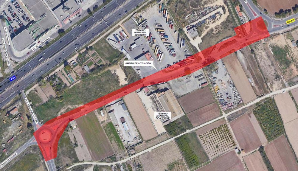 Ámbito de actuación de las obras de ampliación de la CV-401, entre las glorietas de conexión con la V-31, en los términos de Alfafar y Sedaví. / Diputació de València