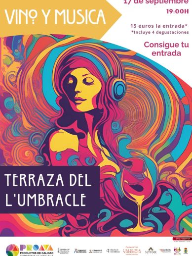 Cartel promocional de la Noche del Vino y la Música, organizada por PROAVA en la Terraza de L'Umbracle.