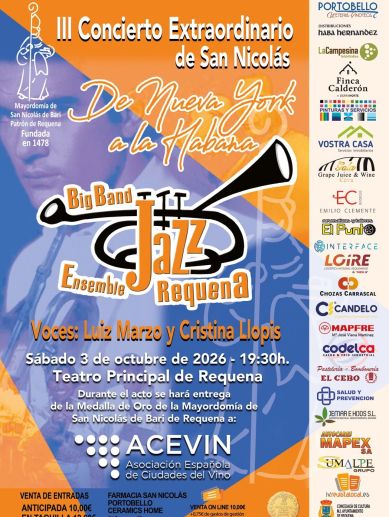 Cartel del III Concierto Extraordinario de San Nicolás, que se celebrará el 3 de octubre en el Teatro Principal de Requena. Cartel del III Concierto Extraordinario de San Nicolás, que se celebrará el 3 de octubre en el Teatro Principal de Requena.