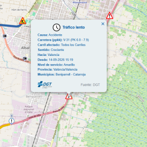 Mapa de la DGT con la incidencia en la V-31, entre Beniparrell y Catarroja, en sentido Valencia. / DGT Mapa de la DGT con la incidencia en la V-31, entre Beniparrell y Catarroja, en sentido Valencia. / DGT