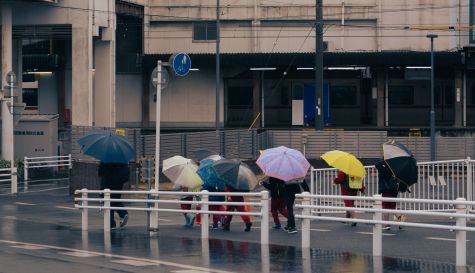 Varios escolares se protegen de la lluvia con paraguas. / Tien Nguyen