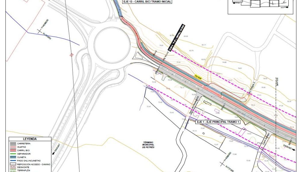 Plano de la planta general del proyecto de mejora de la CV-324 entre Petrés y Sagunt, con el nuevo carril bici y el trazado del eje principal. Plano de la planta general del proyecto de mejora de la CV-324 entre Petrés y Sagunt, con el nuevo carril bici y el trazado del eje principal.