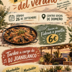 Cartel promocional del último tardeo del verano en Domeño, con ración de fideuà o paella, montaditos y sesión de DJ Joanblanco.