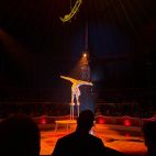 Una artista de CYBORG realiza un número de equilibrio y contorsión en la pista del Circo Raluy Legacy. / Hugo Moreno