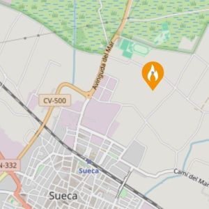  Mapa que señala la ubicación aproximada del incendio de vegetación declarado al norte del casco urbano de Sueca, cerca de la avenida del Mar.