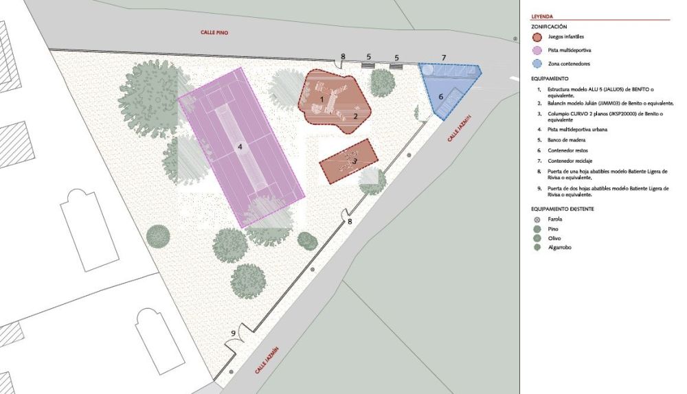 Plànol del projecte, amb la distribució de la pista multiesportiva, la zona de jocs infantils i l'àrea de contenidors. / Ajuntament d'Olocau Plànol del projecte, amb la distribució de la pista multiesportiva, la zona de jocs infantils i l'àrea de contenidors. / Ajuntament d'Olocau