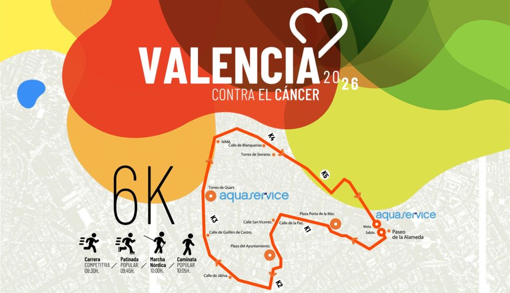 Recorrido de 6 kilómetros de la edición 2026 de Valencia contra el Cáncer, con salida y meta en el Paseo de la Alameda / Aquaservice Recorrido de 6 kilómetros de la edición 2026 de Valencia contra el Cáncer, con salida y meta en el Paseo de la Alameda / Aquaservice