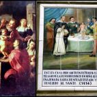 A la izquierda, 'San Vicente Ferrer y el milagro del niño de Morella', de Gaspar de la Huerta, en el Museo de Bellas Artes de Valencia. A la derecha, la placa de azulejos de la calle Virgen de Vallivana, en Morella, que recuerda el milagro