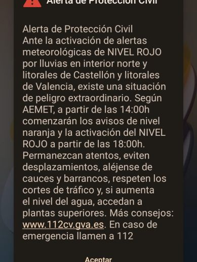 Mensaje ES-Alert enviado a los móviles ante el aviso rojo por lluvias en zonas de Valencia y Castellón.