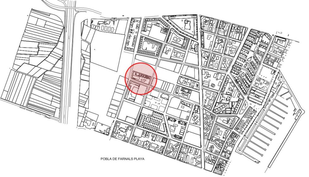 Plano de la playa de la Pobla de Farnals con la ubicación del edificio Veles e Vents, donde se instala la Escoleta de la Mar Plano de la playa de la Pobla de Farnals con la ubicación del edificio Veles e Vents, donde se instala la Escoleta de la Mar