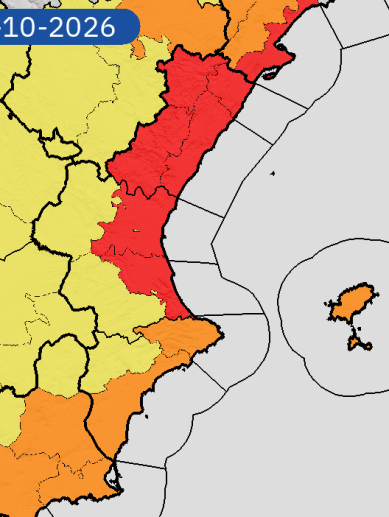 Mapa de avisos meteorológicos en la Comunitat Valenciana para este viernes, 2 de octubre, con zonas en rojo, naranja y amarillo por el temporal. Mapa de avisos meteorológicos en la Comunitat Valenciana para este viernes, 2 de octubre, con zonas en rojo, naranja y amarillo por el temporal.