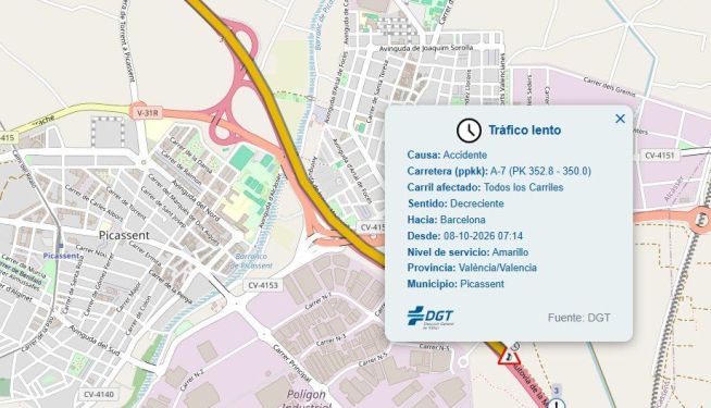 Mapa de la DGT con el tramo de tráfico lento por el accidente en la A-7, en Picassent y sentido Castellón. Mapa de la DGT con el tramo de tráfico lento por el accidente en la A-7, en Picassent y sentido Castellón.