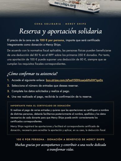 Información sobre las reservas y aportaciones para la cena solidaria a favor de Mercy Ships en Valencia. Información sobre las reservas y aportaciones para la cena solidaria a favor de Mercy Ships en Valencia.