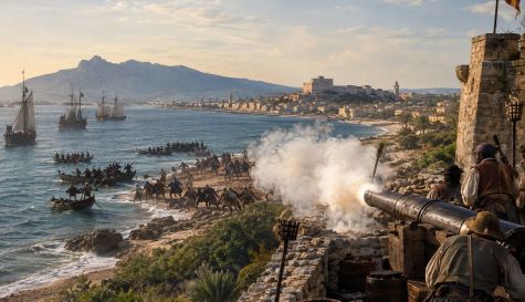 Recreación del cañonazo del castillo de Dénia contra los corsarios que desembarcan en Les Rotes en 1556.
