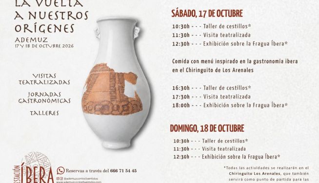 Cartel de “La vuelta a nuestros orígenes”, con visitas teatralizadas, talleres y gastronomía íbera en Ademuz. Cartel de “La vuelta a nuestros orígenes”, con visitas teatralizadas, talleres y gastronomía íbera en Ademuz.