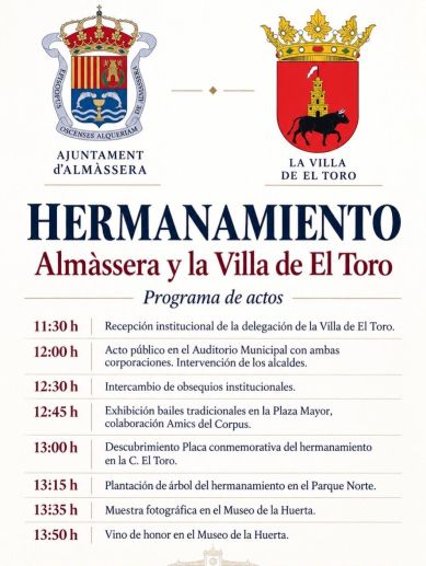 Cartel del programa de actos del hermanamiento entre Almàssera y la Villa de El Toro. Cartel del programa de actos del hermanamiento entre Almàssera y la Villa de El Toro.