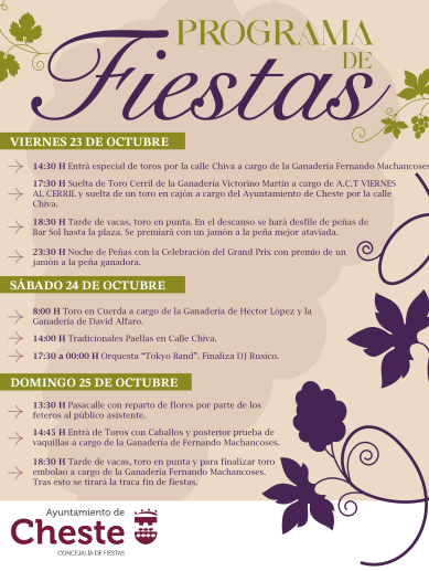 Cartel de la programación de las Fiestas de la Vendimia de Cheste del 23 al 25 de octubre.