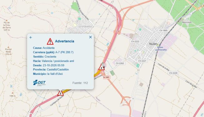 Mapa de la DGT con la ubicación del accidente en la A-7, a su paso por Nules. / DGT Mapa de la DGT con la ubicación del accidente en la A-7, a su paso por Nules. / DGT