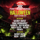 Cartel de la edición de Halloween de Port Electronic, con la fecha, los ambientes y los artistas de la fiesta en Cocoa Club.